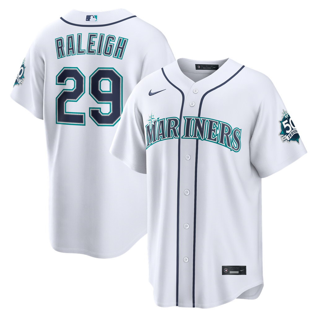 Men's Seattle Mariners Cal Raleigh White Home Stadium 50th Season Patch MLB Baseball Jersey - view 1