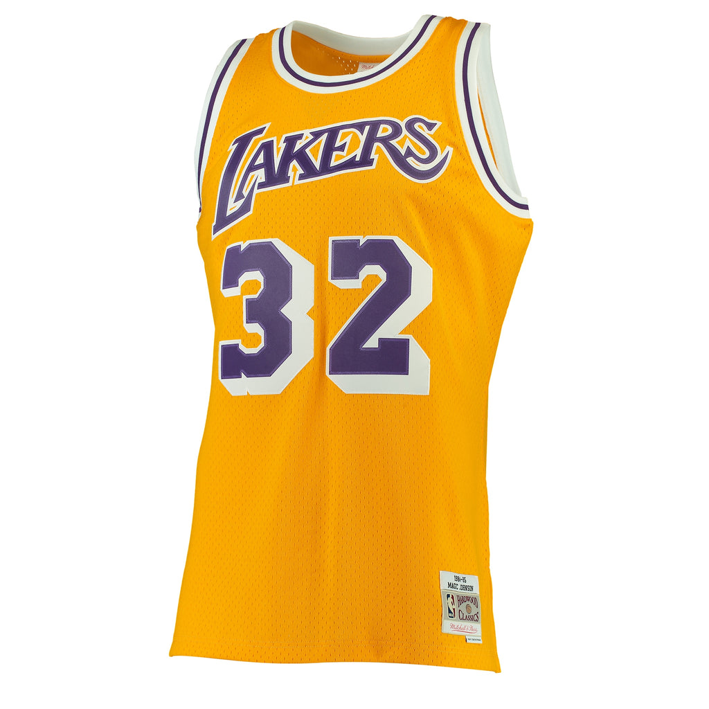 Men's Magic Johnson Gold Los Angeles Lakers 1984-85 Hardwood Classics Swingman NBA Basketball Jersey - view 3