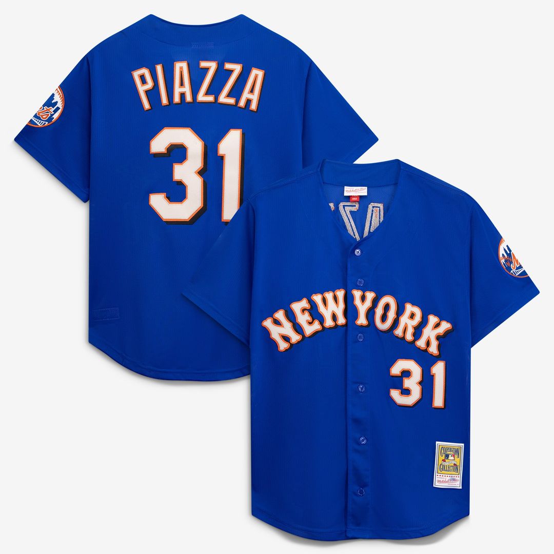 Men's New York Mets Mike Piazza Orange Cooperstown Collection Mesh Batting Practice Button-Up MLB Baseball Jersey - view 17