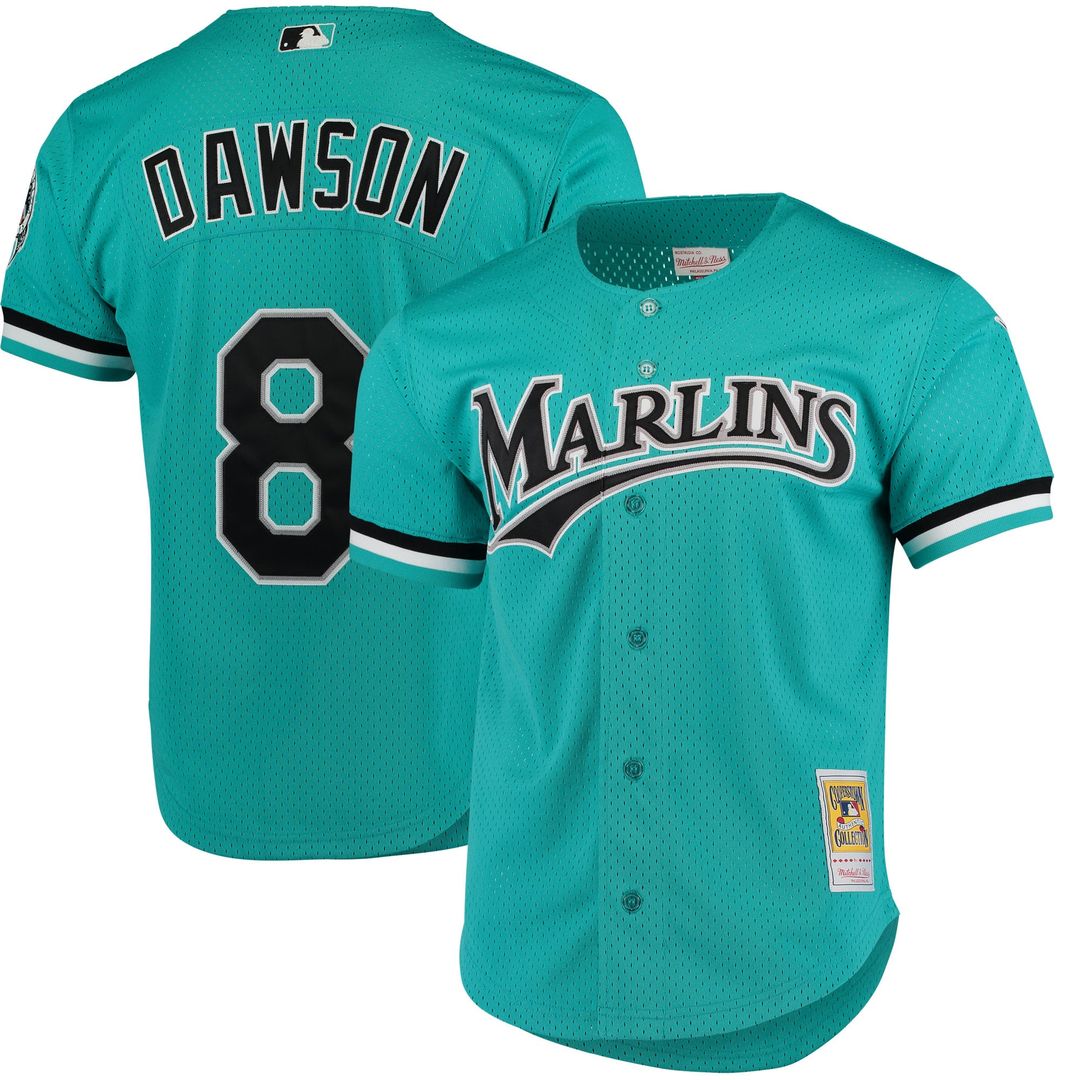 Men's Florida Marlins Andre Dawson Teal Cooperstown Collection Mesh Batting Practice Button-Up MLB Baseball Jersey - view 1