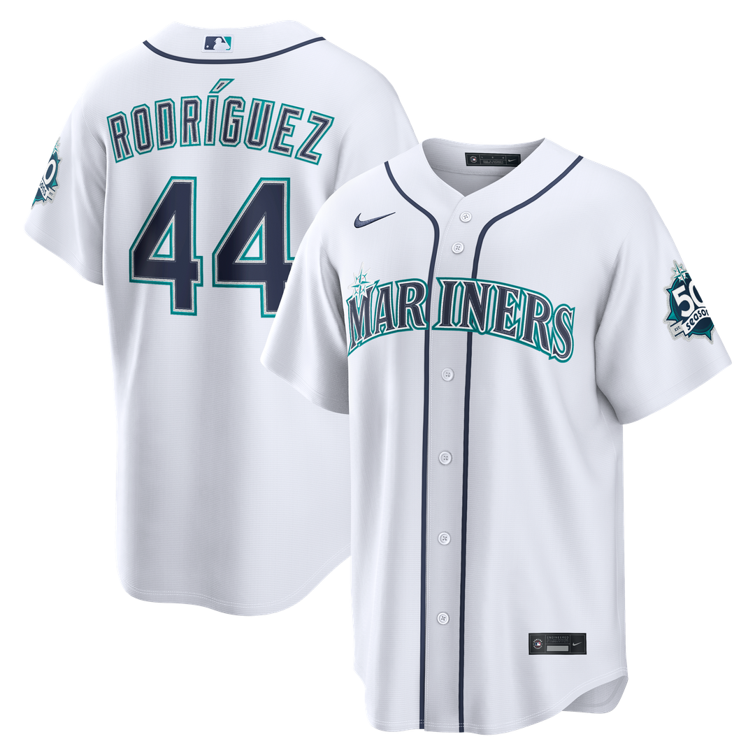 Men's Seattle Mariners Julio Rodríguez White Home Stadium 50th Season Patch MLB Baseball Jersey - view 1