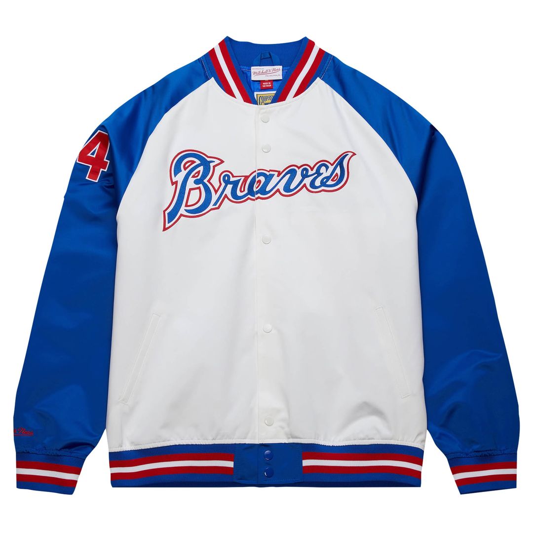 Men's Atlanta Braves Hank Aaron White/Royal Cooperstown Collection Legends Lightweight Satin Raglan Full-Snap Jacket - view 2