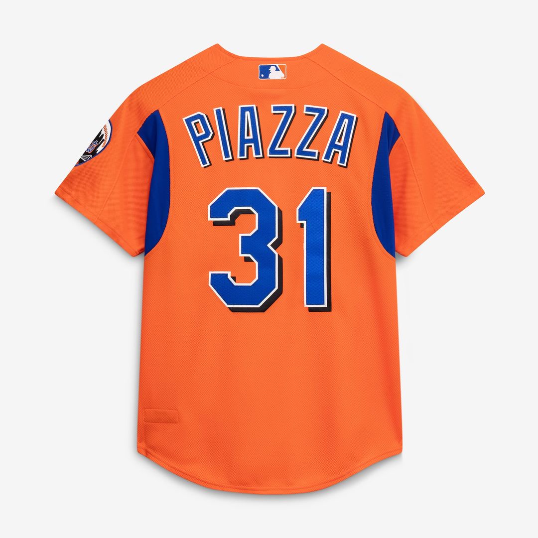 Men's New York Mets Mike Piazza Orange Cooperstown Collection Mesh Batting Practice Button-Up MLB Baseball Jersey - view 11