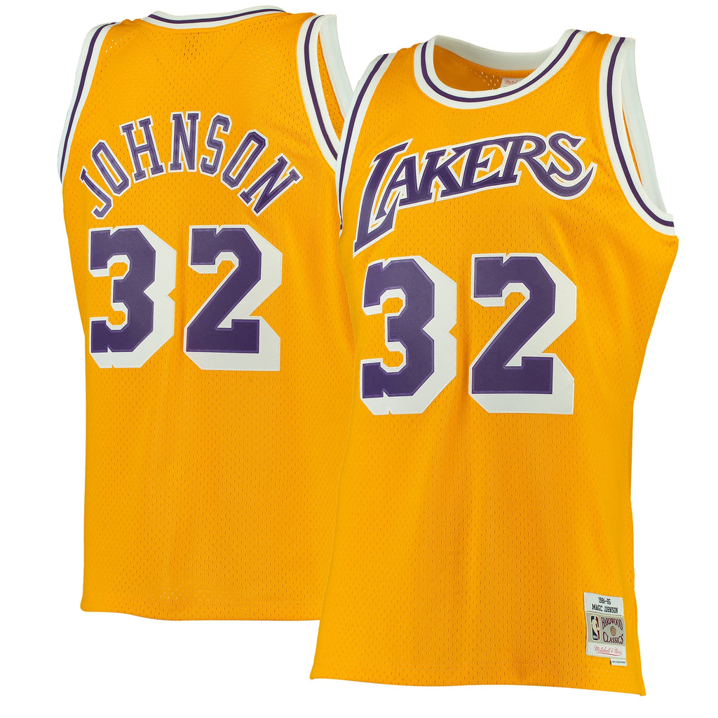 Men's Magic Johnson Gold Los Angeles Lakers 1984-85 Hardwood Classics Swingman NBA Basketball Jersey - view 1
