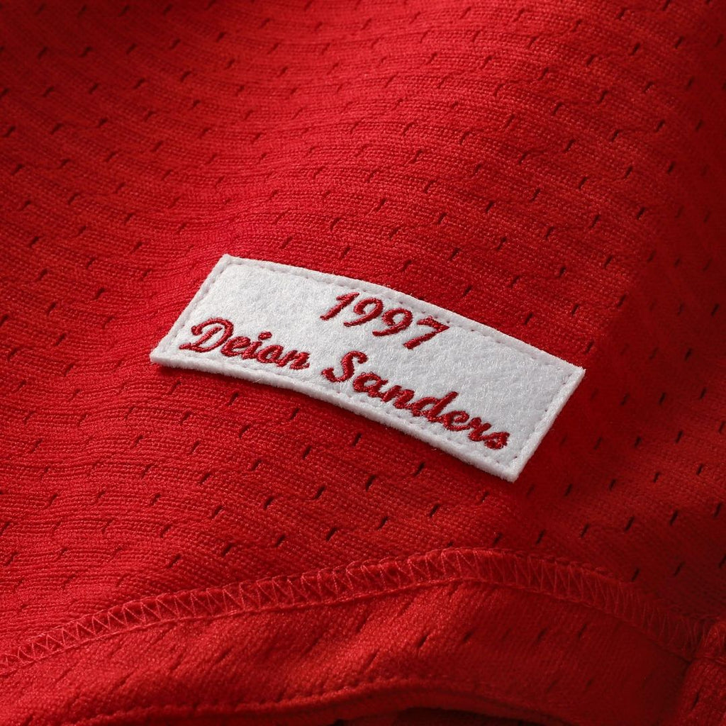 Men's Cincinnati Reds Deion Sanders Red Cooperstown Mesh Batting Practice Button-Up MLB Baseball Jersey - view 6