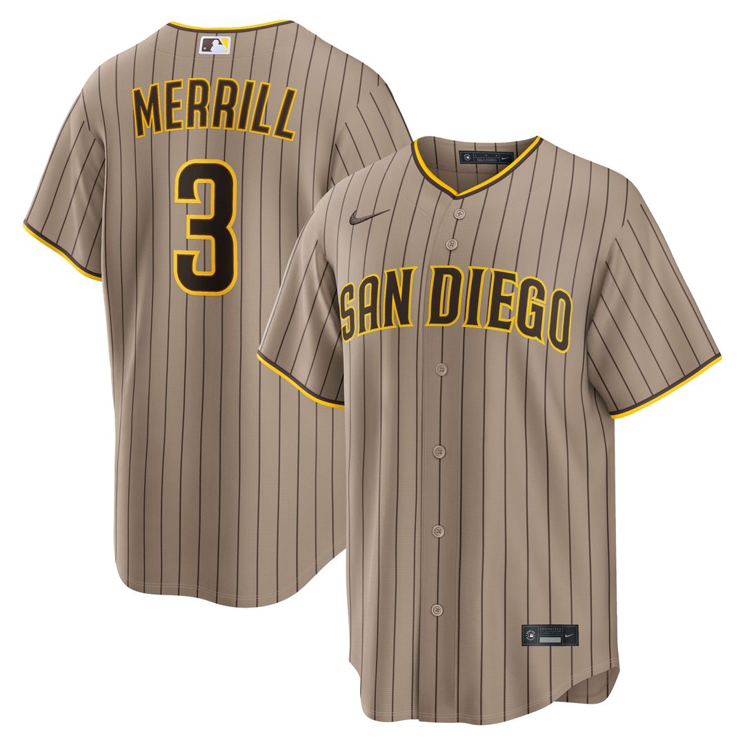 Men's San Diego Padres Jackson Merrill Sand Alternate Replica MLB Baseball Jersey - view 1