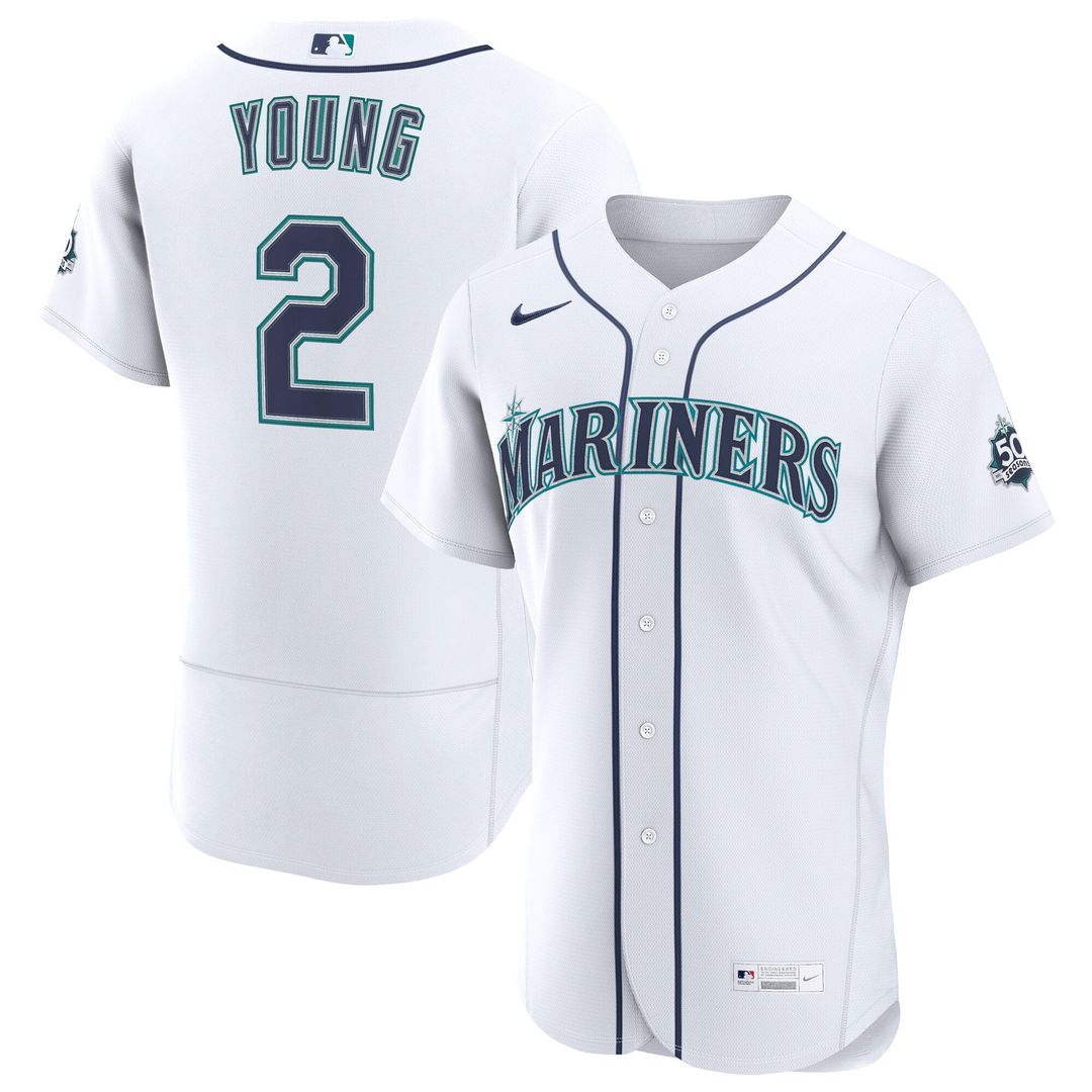 Men's Seattle Mariners Cole Young White Home 50th Season MLB Baseball Jersey - view 1