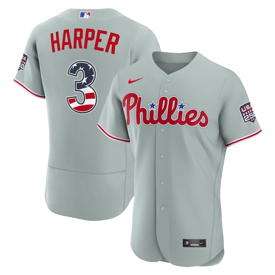 Men's Fourth of July Men's Philadelphia Phillies Bryce Harper Gray USA 250 MLB Baseball Jersey - view 1