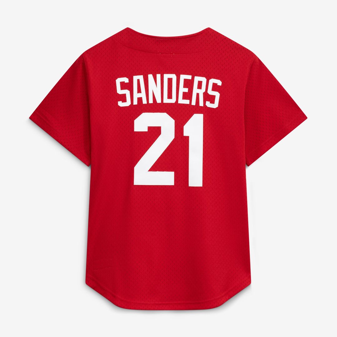 Men's Cincinnati Reds Deion Sanders Red Cooperstown Mesh Batting Practice Button-Up MLB Baseball Jersey - view 3