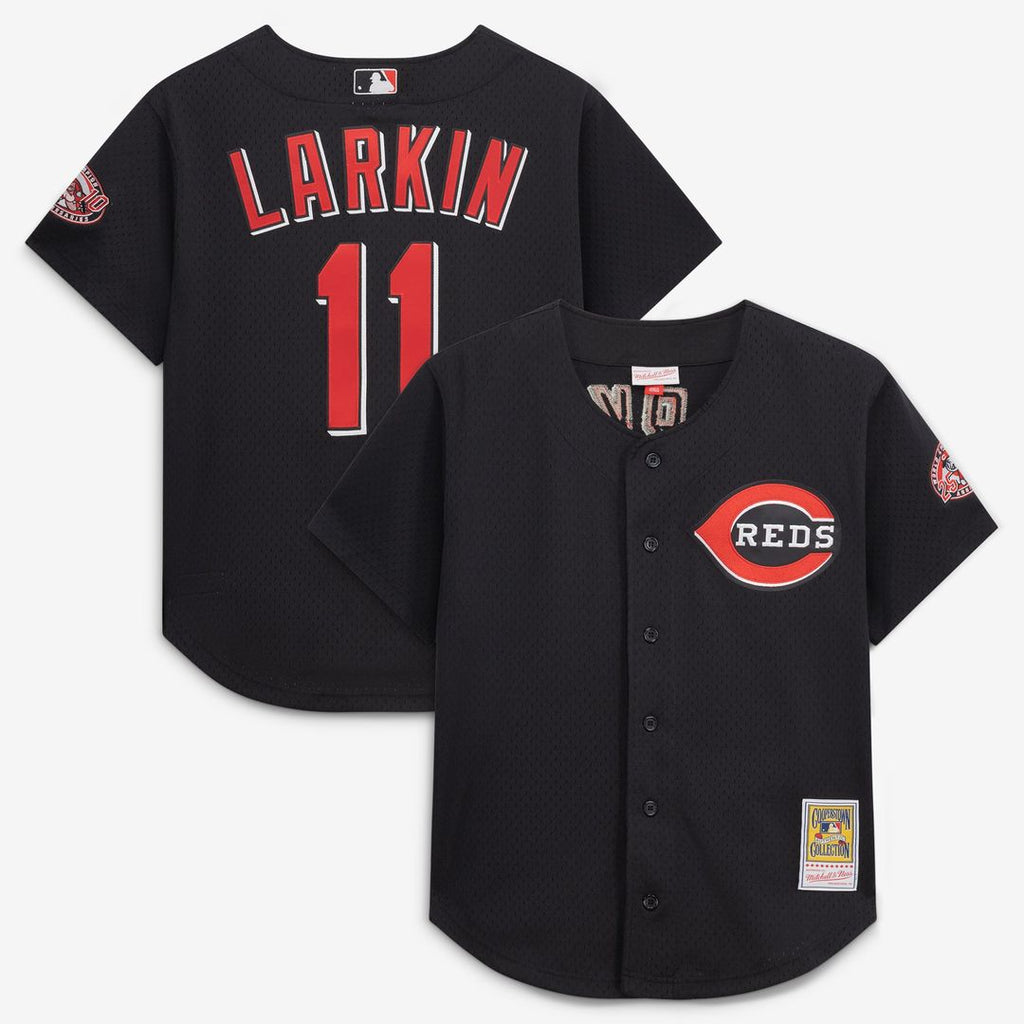 Men's Cincinnati Reds Barry Larkin Black Cooperstown Collection Mesh Batting Practice Button-Up MLB Baseball Jersey - view 8