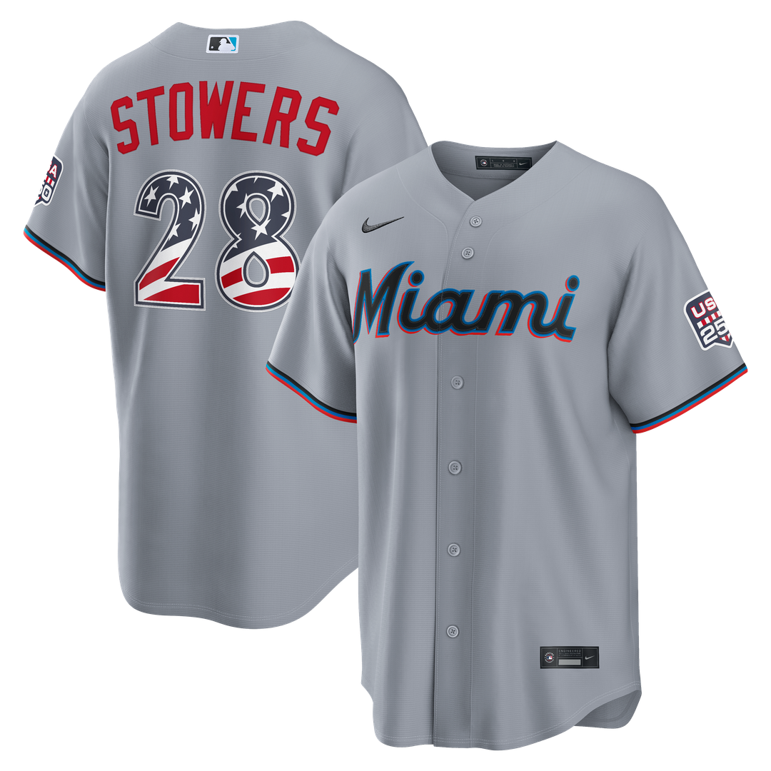 Men's Fourth of July Men's Miami Marlins Kyle Stowers Gray USA 250 Stadium MLB Baseball Jersey - view 1