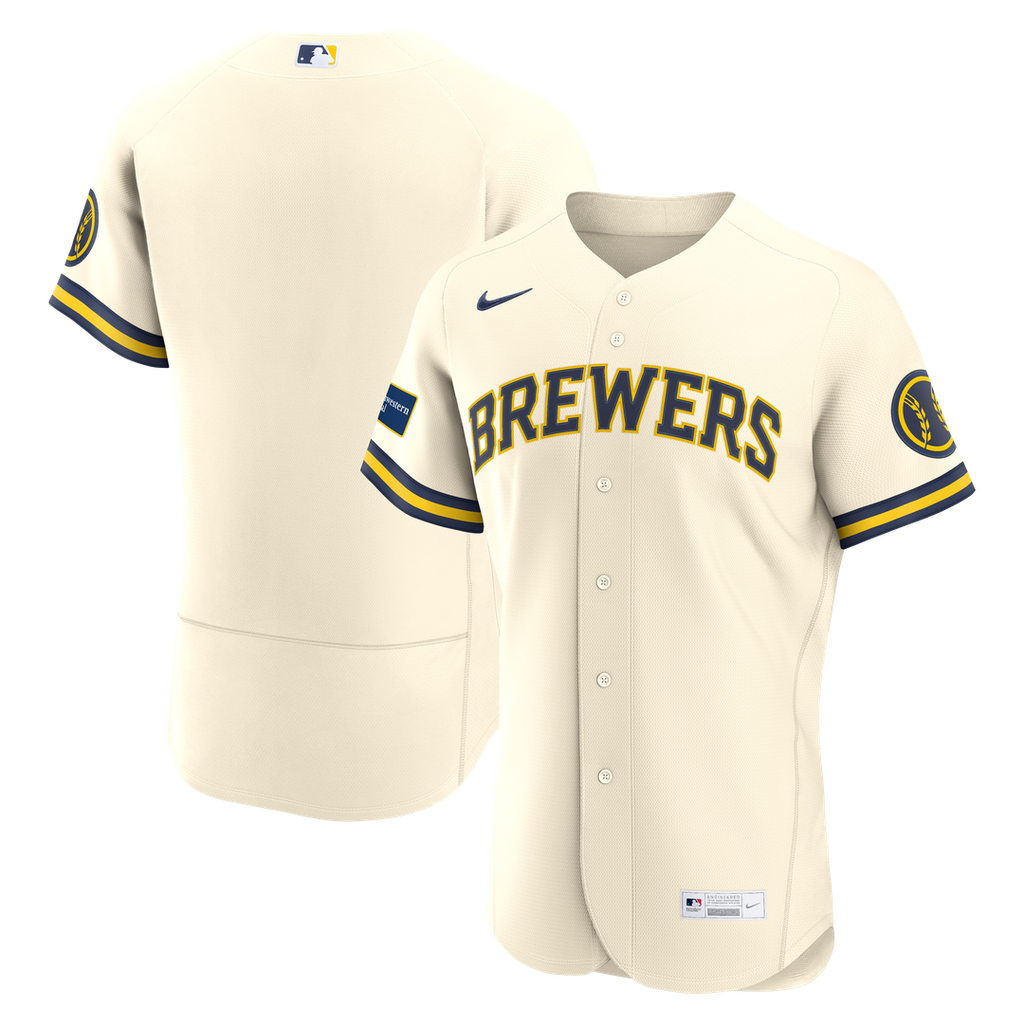 Men's Milwaukee Brewers Cream Home Sponsor Patch MLB Baseball Jersey - view 1