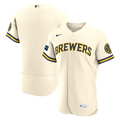 Men's Milwaukee Brewers Cream Home Sponsor Patch MLB Baseball Jersey - view 1