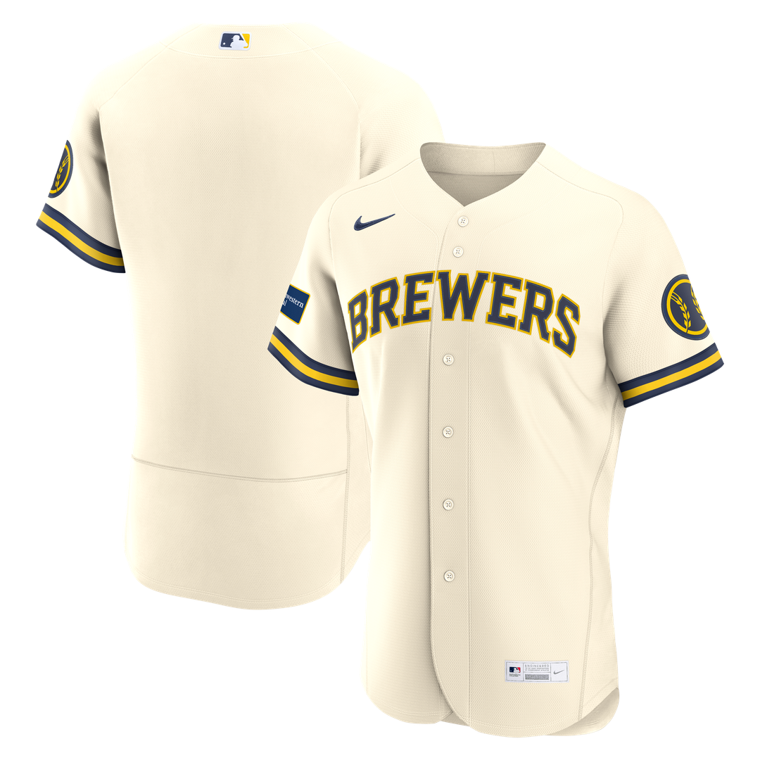 Men's Milwaukee Brewers Cream Home Sponsor Patch MLB Baseball Jersey - view 1