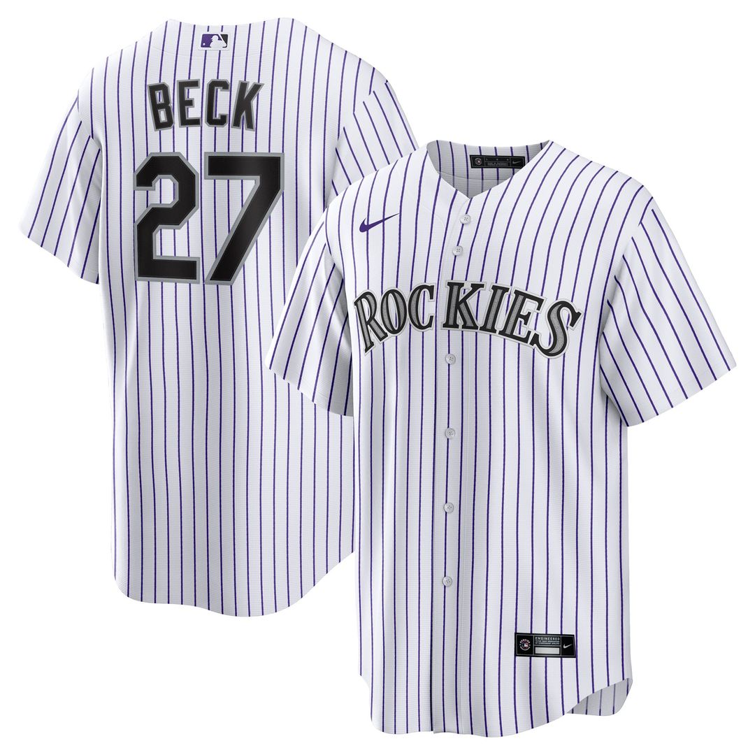 Men's Colorado Rockies Jordan Beck White Home Replica MLB Baseball Jersey - view 1