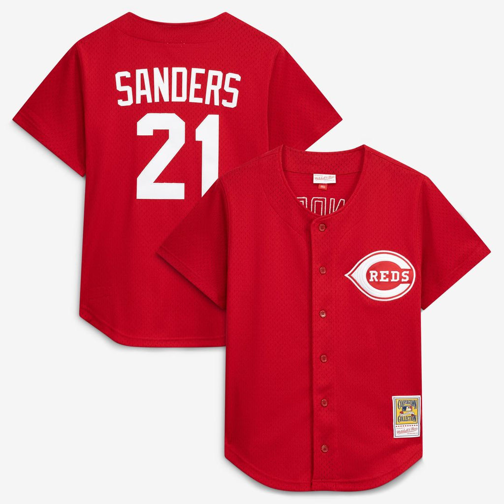Men's Cincinnati Reds Deion Sanders Red Cooperstown Mesh Batting Practice Button-Up MLB Baseball Jersey - view 1