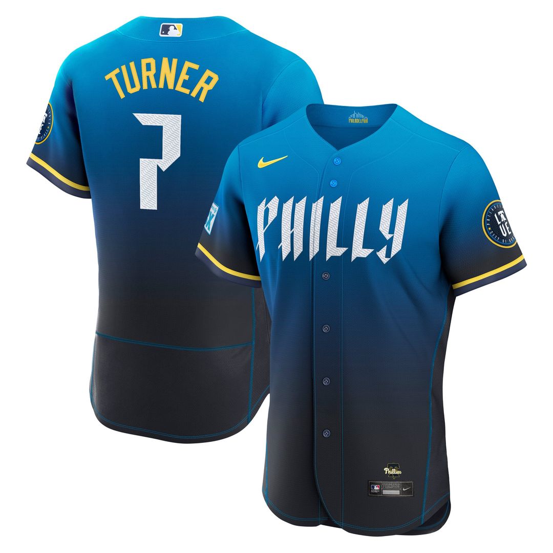 Men's Philadelphia Phillies Trea Turner Navy City Connect Sponsor Patch MLB Baseball Jersey - view 1