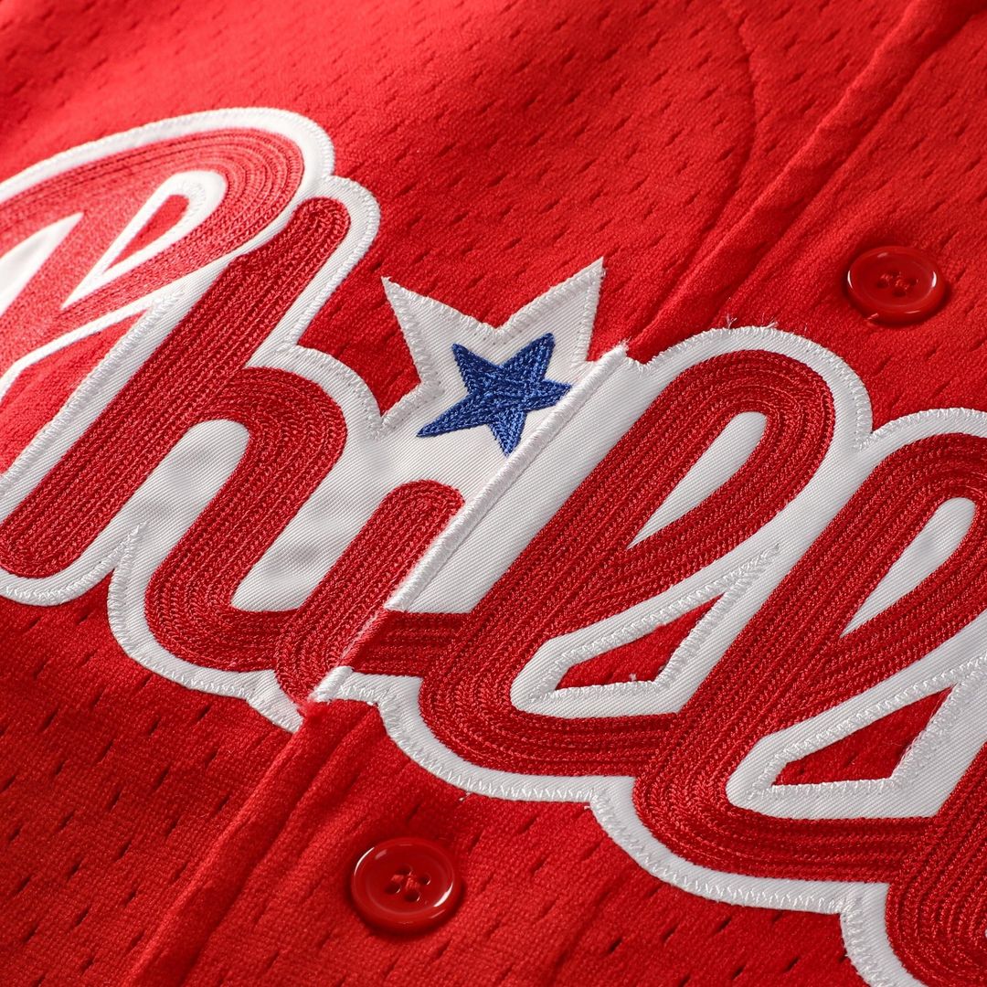 Men's Philadelphia Phillies Jimmy Rollins Red Cooperstown Mesh Batting Practice Button-Up MLB Baseball Jersey - view 4