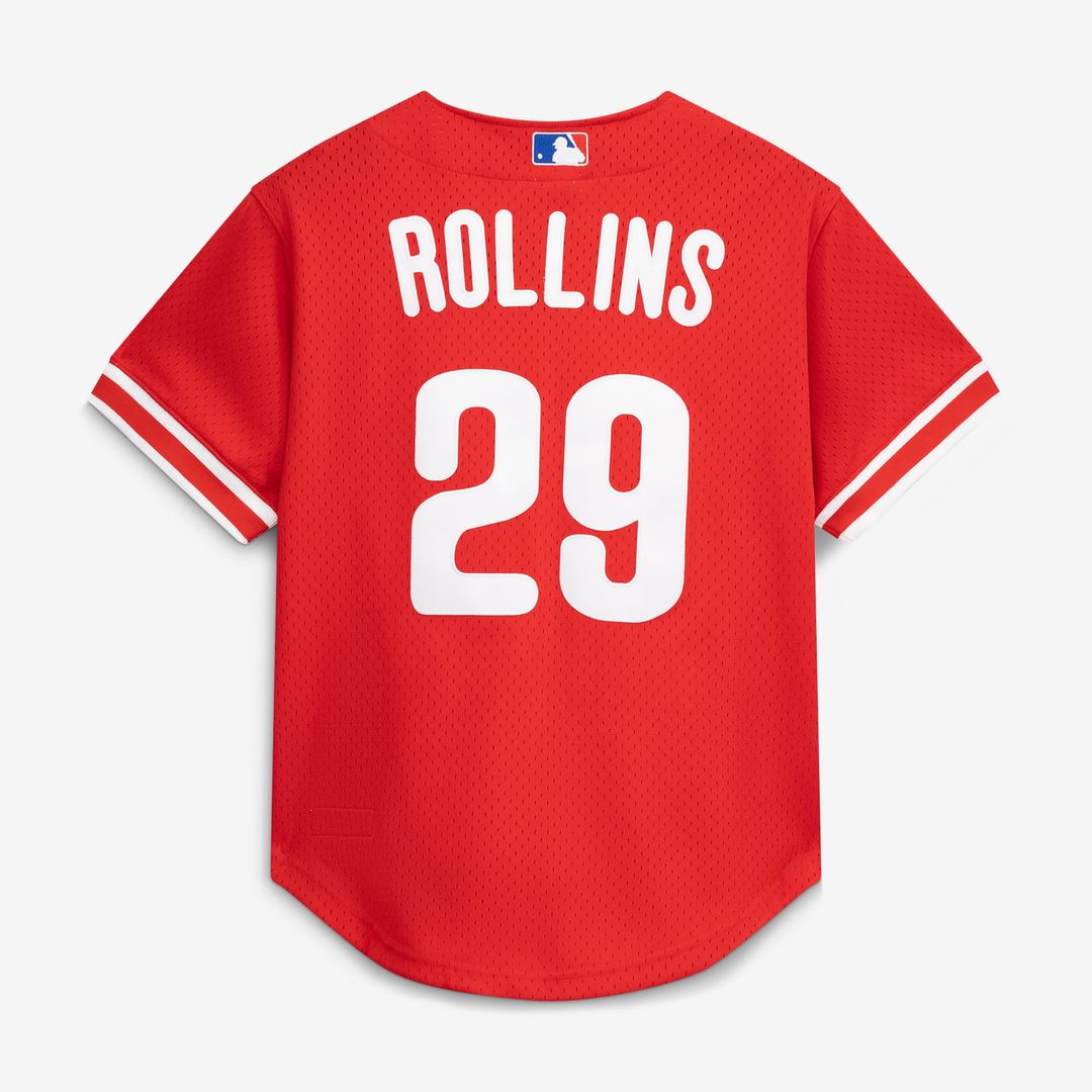 Men's Philadelphia Phillies Jimmy Rollins Red Cooperstown Mesh Batting Practice Button-Up MLB Baseball Jersey - view 3