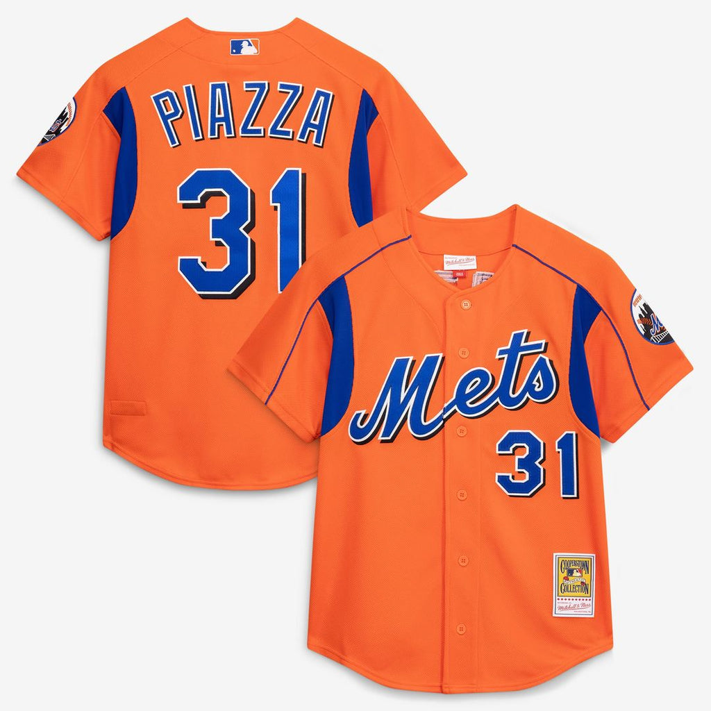 Men's New York Mets Mike Piazza Orange Cooperstown Collection Mesh Batting Practice Button-Up MLB Baseball Jersey - view 1