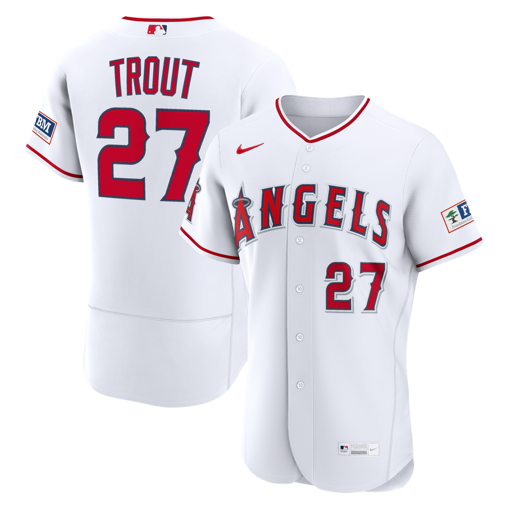 Men's Los Angeles Angels Mike Trout White Home Sponsor Patch MLB Baseball Jersey - view 1
