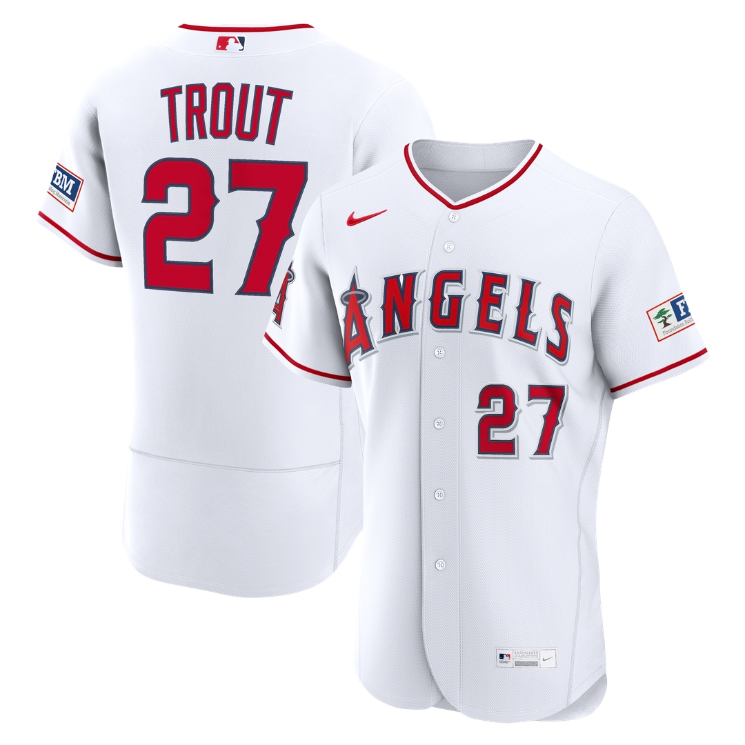 Men's Los Angeles Angels Mike Trout White Home Sponsor Patch MLB Baseball Jersey - view 1