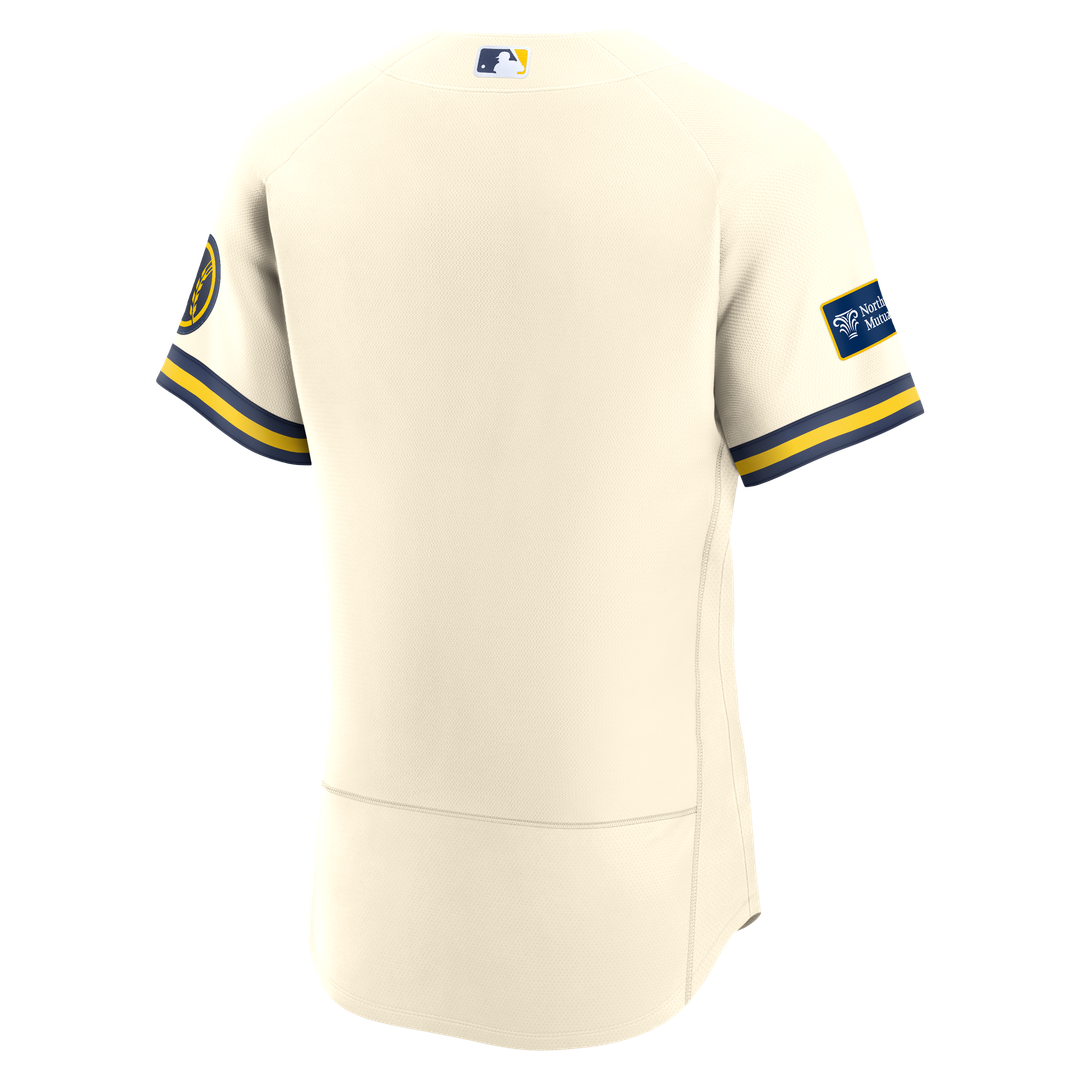 Men's Milwaukee Brewers Cream Home Sponsor Patch MLB Baseball Jersey - view 3