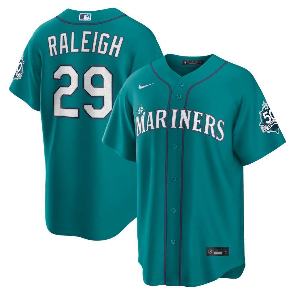 Men's Seattle Mariners Cal Raleigh Teal Alternate 50th Season Patch Stadium MLB Baseball Jersey - view 1