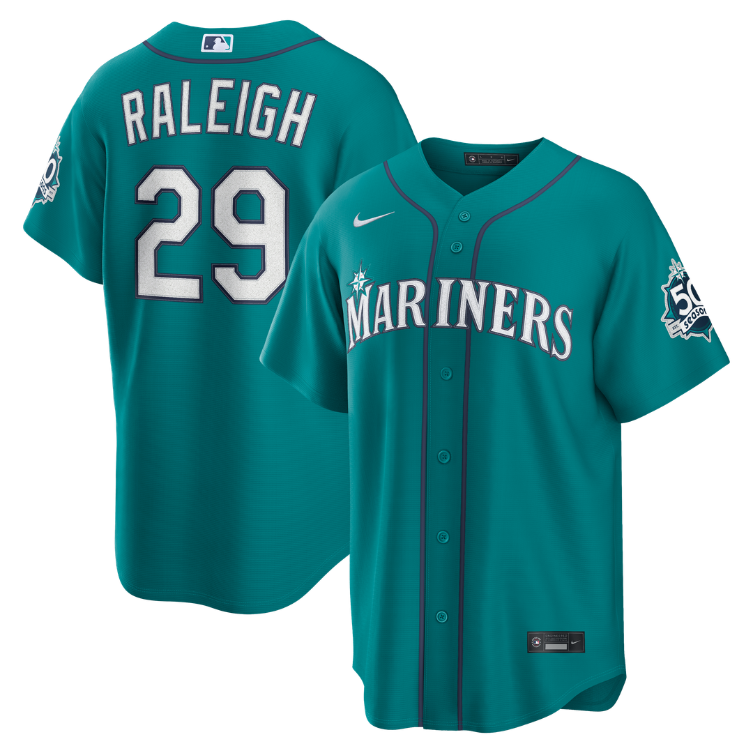Men's Seattle Mariners Cal Raleigh Teal Alternate 50th Season Patch Stadium MLB Baseball Jersey - view 1
