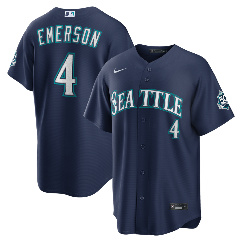 Men's Seattle Mariners Colt Emerson Navy Road 50th Season Anniversary Patch Stadium MLB Baseball Jersey - view 1