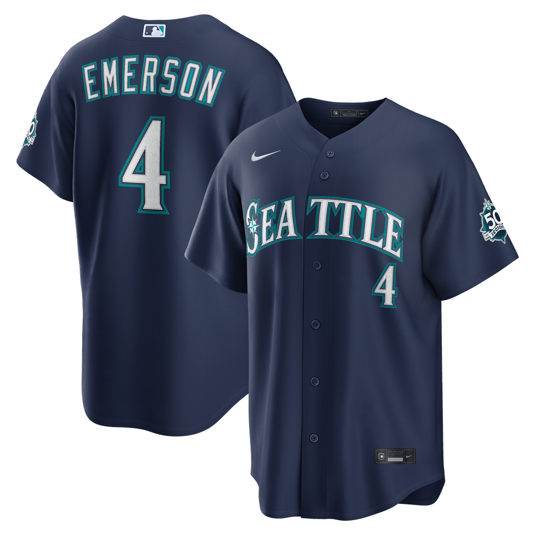 Men's Seattle Mariners Colt Emerson Navy Road 50th Season Anniversary Patch Stadium MLB Baseball Jersey - view 1