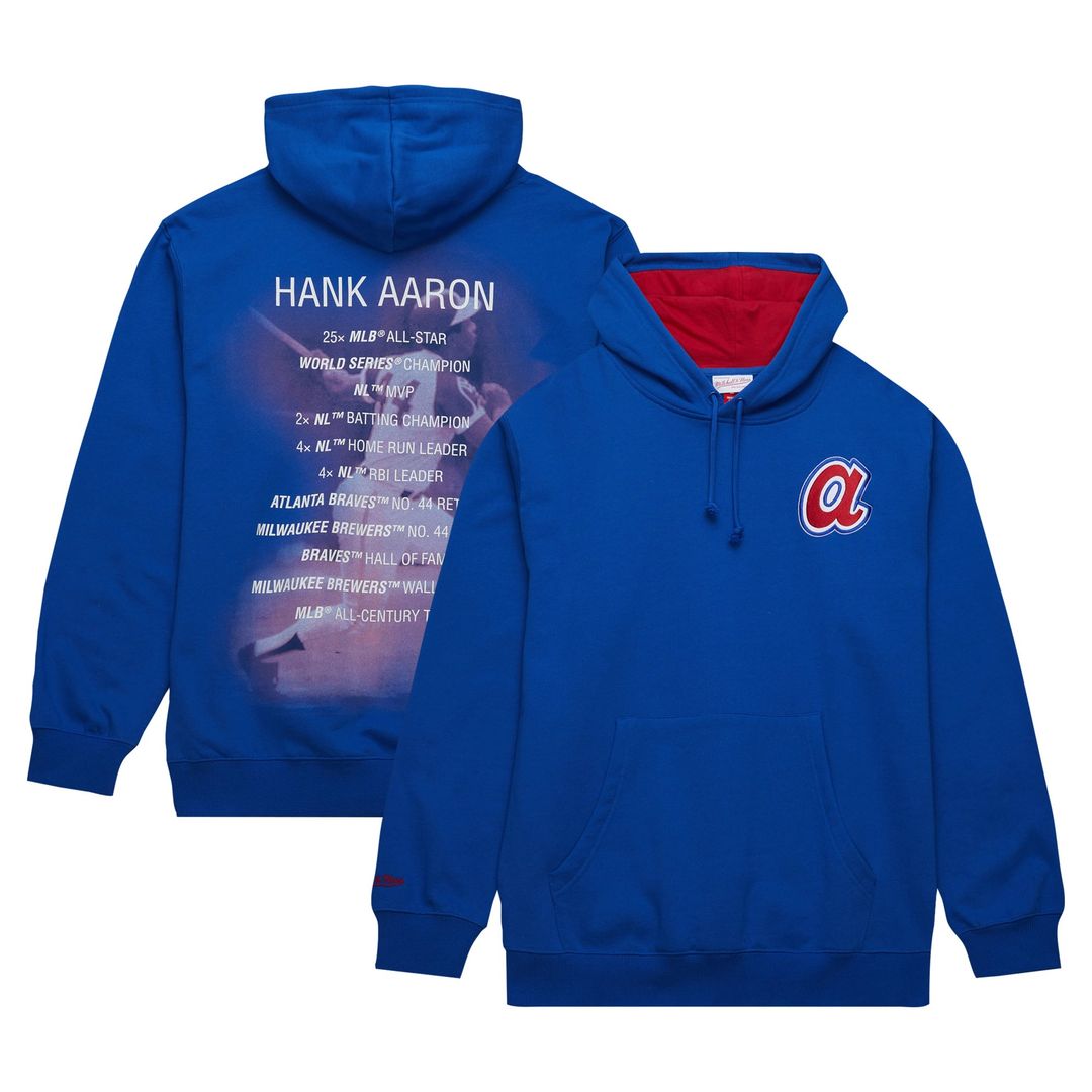 Men's Atlanta Braves Hank Aaron Royal Vintage Logo Name & Number Pullover Hoodie - view 1